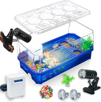 Aquatic Turtle Tank Habitat Kit Stone+Filter+Heat Lamp Enhancing Interaction with 360° Viewing, Standalone Filtration, DIY Creative Zone, Enriched Living (Blue, Medium[with Light])