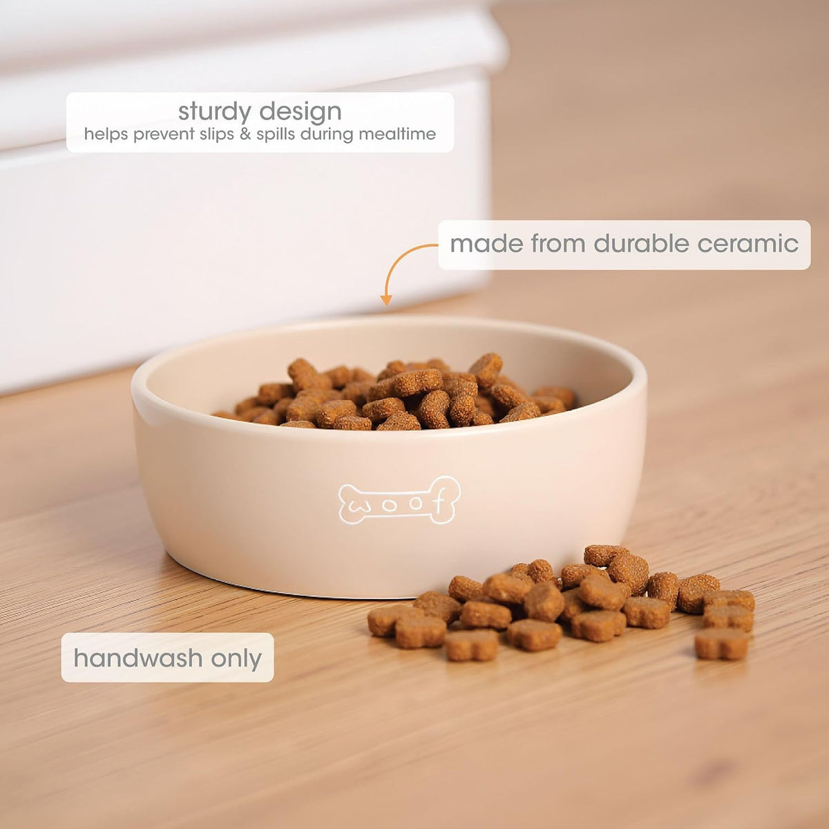 Pearhead Ceramic Dog Bowl, Woof Speckled Pet Food & Water Dish - Taupe Woof Bowl / Medium - image 2