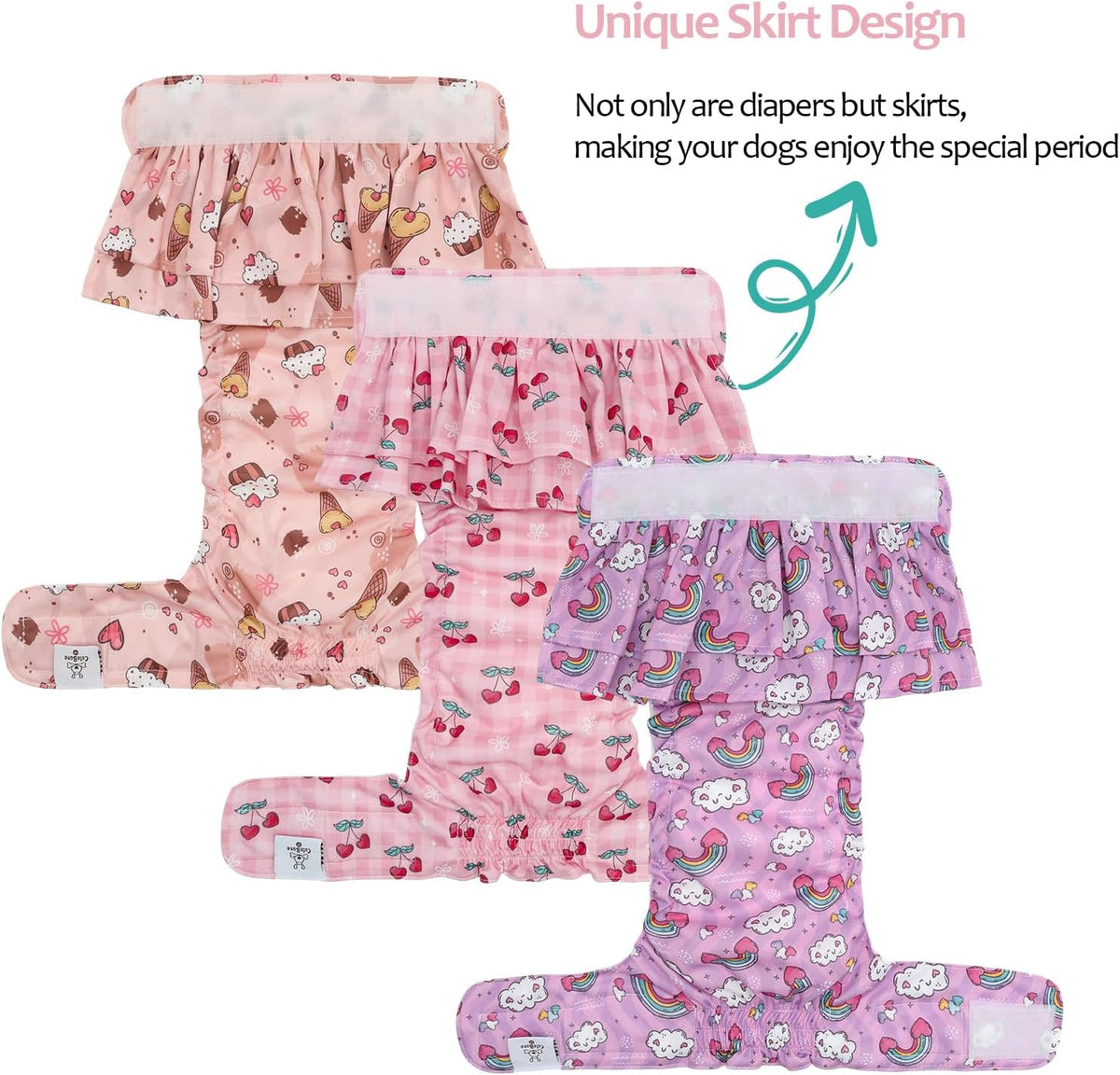 CuteBone Female Dog Diapers with Skirts 3 Pack Reusable Puppy Dresses - Cherry&rainbow&dessert skirts / XL - image 2