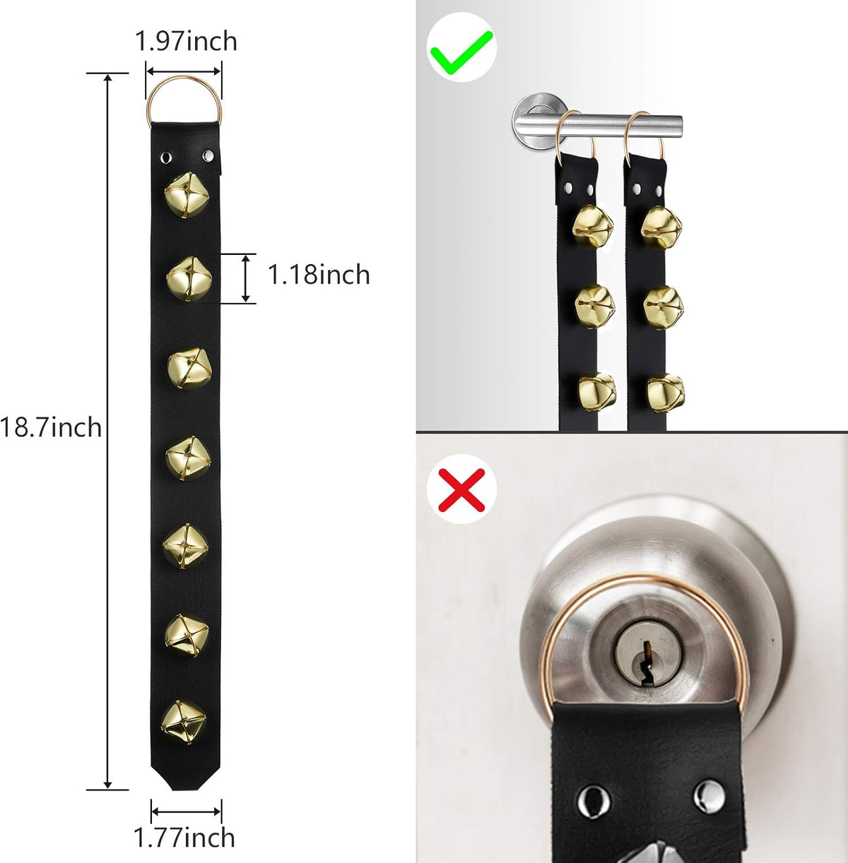Frienda hanging dog doorbells, two leather belts with seven jingle bells each - view 2