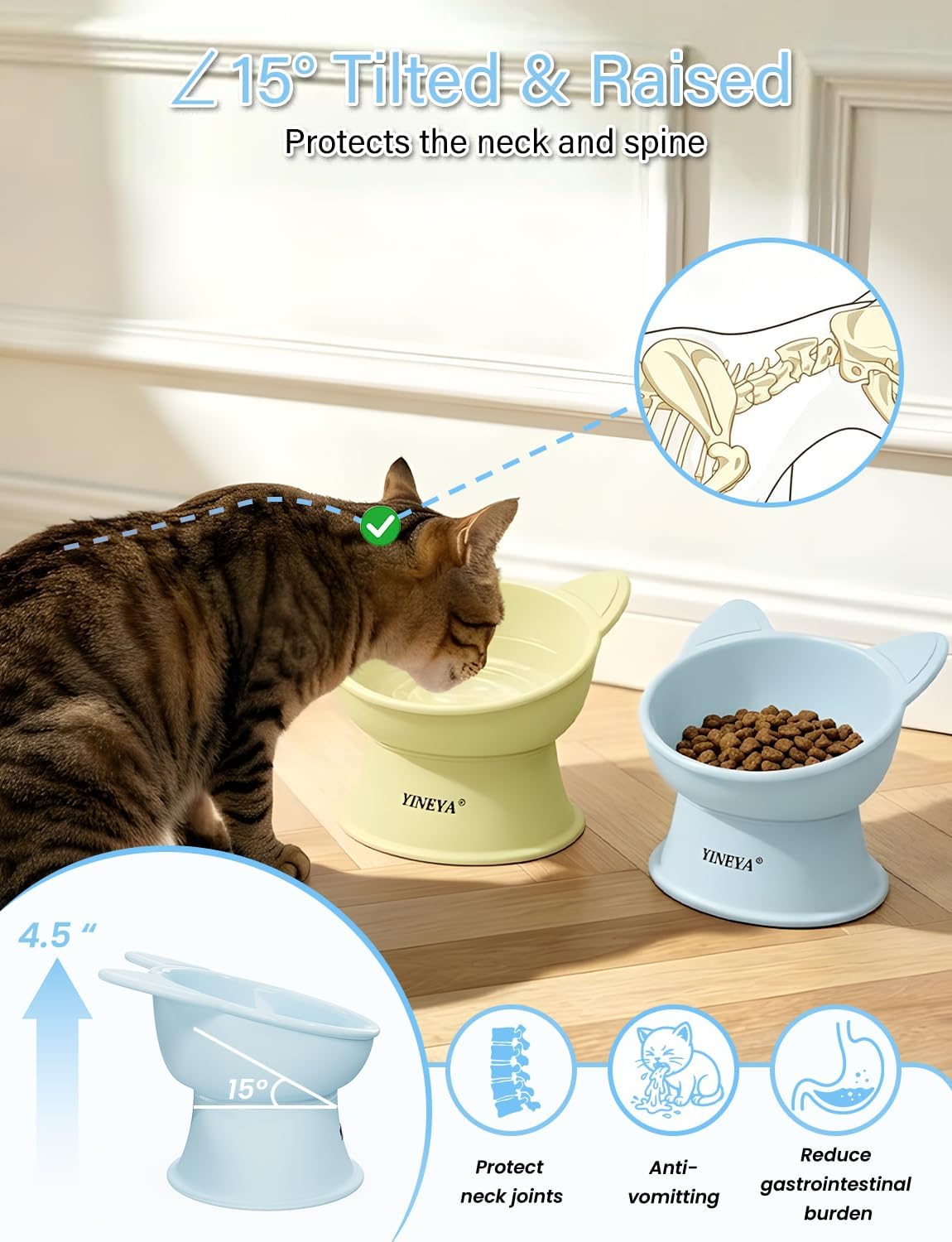 YINEYA 2 Pack Cat Food Bowls Elevated Design for Neck Comfort - Yellow&Blue - image 3