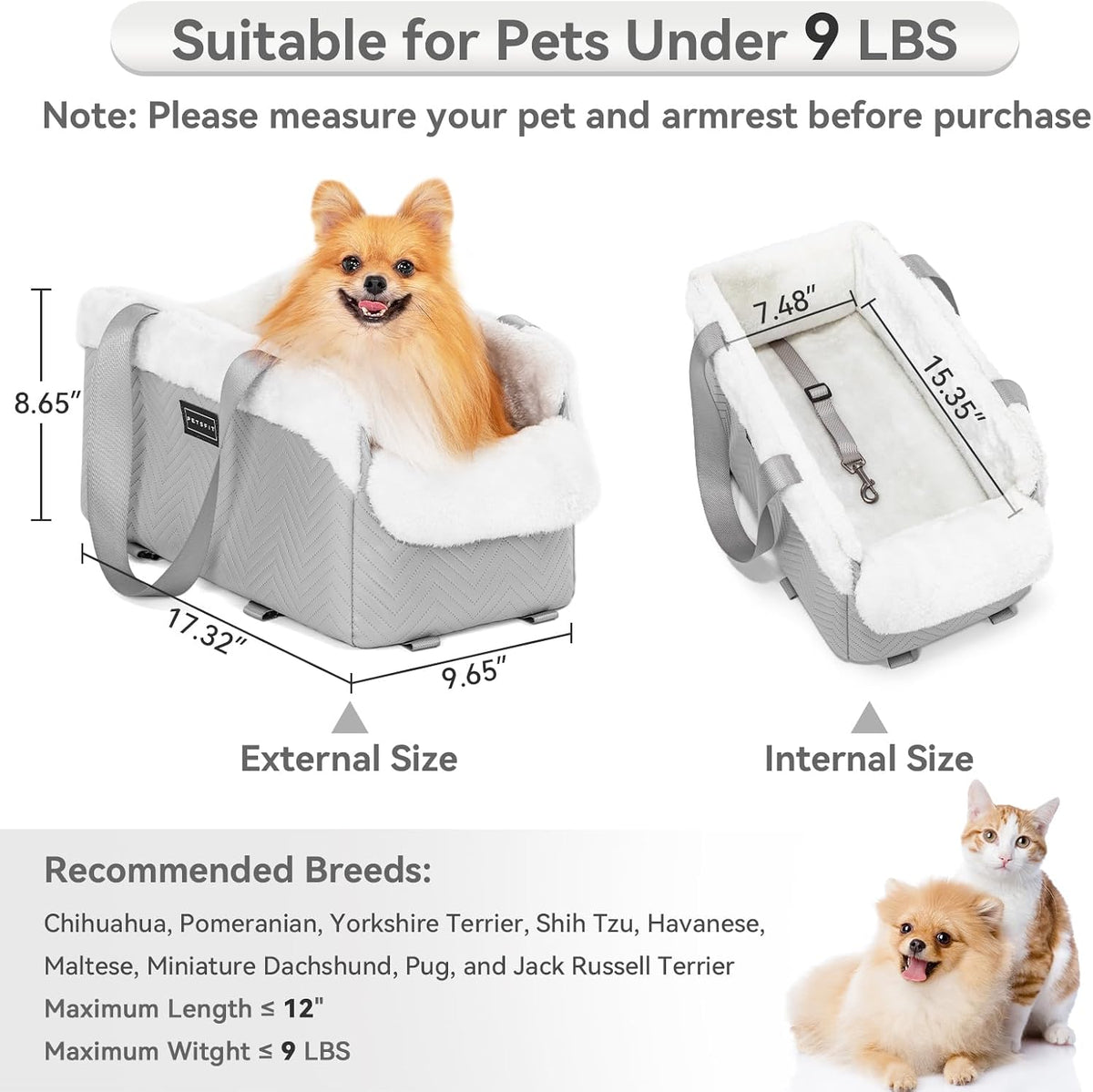 PETSFIT Cat Car Seat, Portable Console Dog Car Seat with Safe Protective Hooks, Luxury Pet Car Seat - Grey / Small - image 4