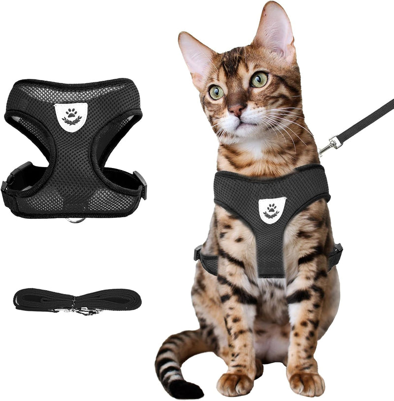 Black Cat Harness and Leash Set, Soft Mesh Adjustable Reflective - black / L：(Neck:13.77" chest:16.53"-22.04")