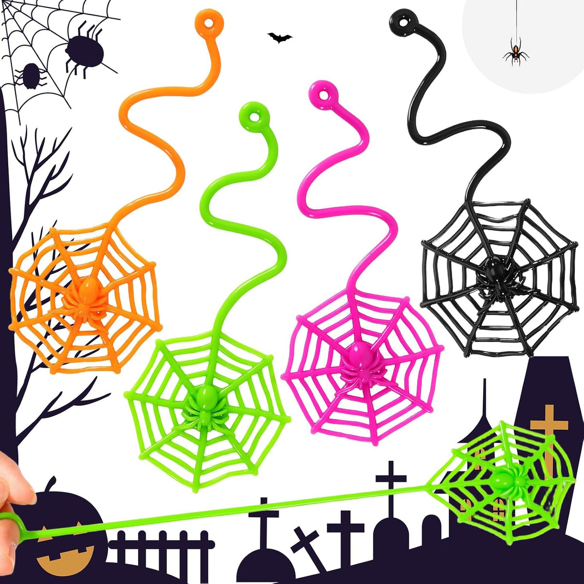 VICROIC sticky spider web toys, 24 rubber cobwebs in 4 colors