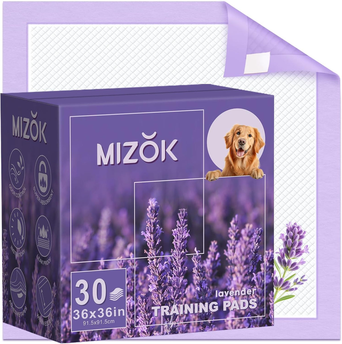 MIZOK Dog Pee Pads Wee Wee Pads Lavender Odor Control XXL 30x36in – Essentials for Dogs - Jumbo 36"x36“ 30 Counts
