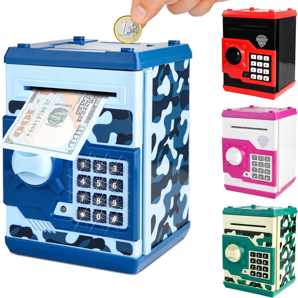 Pup Go ATM Piggy Bank for Kids, Password Electronic Kids Safe - Camo Blue