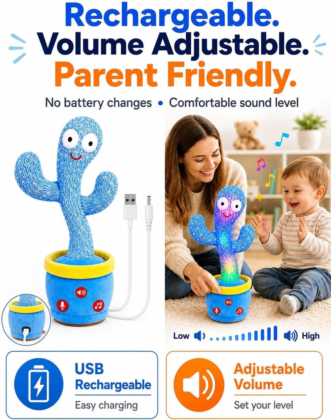 Rechargeable Dancing Talking Cactus Toy - Blue - image 2