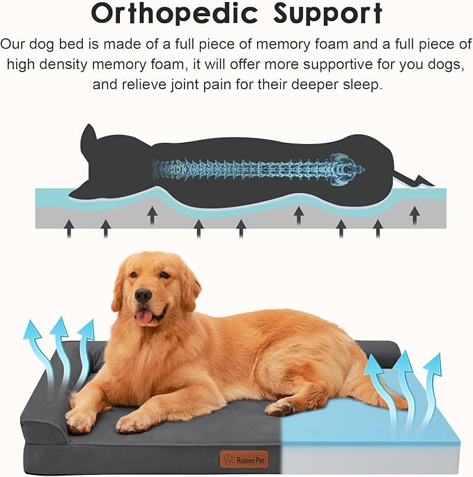 Chew Proof Dog Bed, 3" Memory Foam Dog Bed for Medium and Large Dogs, Removable and Washable Microsuede Cover, Waterproof Liner, Nonskid Bottom, 44x32, XXL Dark Grey
