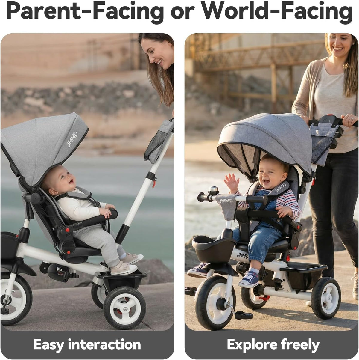 JMMD 7 in 1 Toddler Tricycle with Push Handle Trike Stroller for 1-5 - Grey - image 4