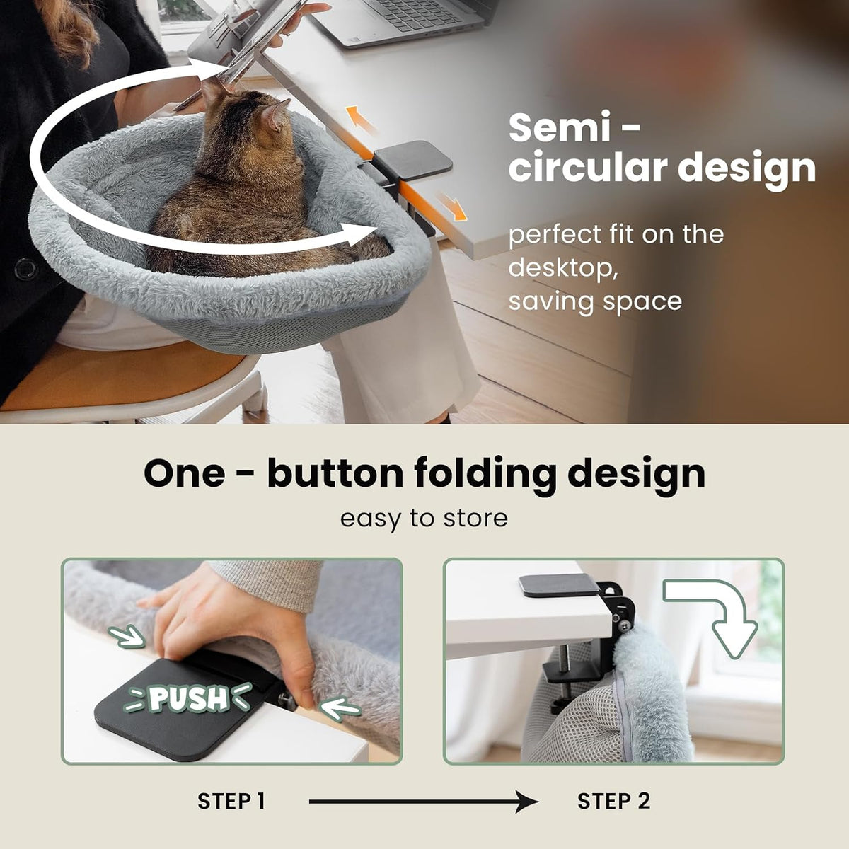 Cat Desk Bed, One-Click Folding - Grey / Faux Rabbit Fur - image 4