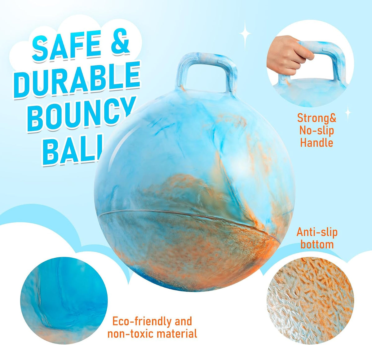 U&C Planet Hopper Ball, 18In Bouncy Ball with Handle for Kids Ages 3-6 – Fun for Kids & Family - 5-9 Years / Blue Clouds - image 4