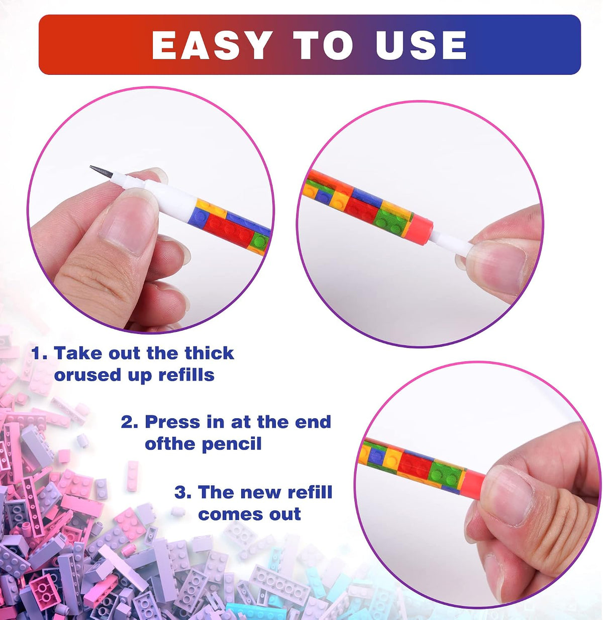 Kolewo4ever 48 translucent building block themed stackable HB pencils - view 3