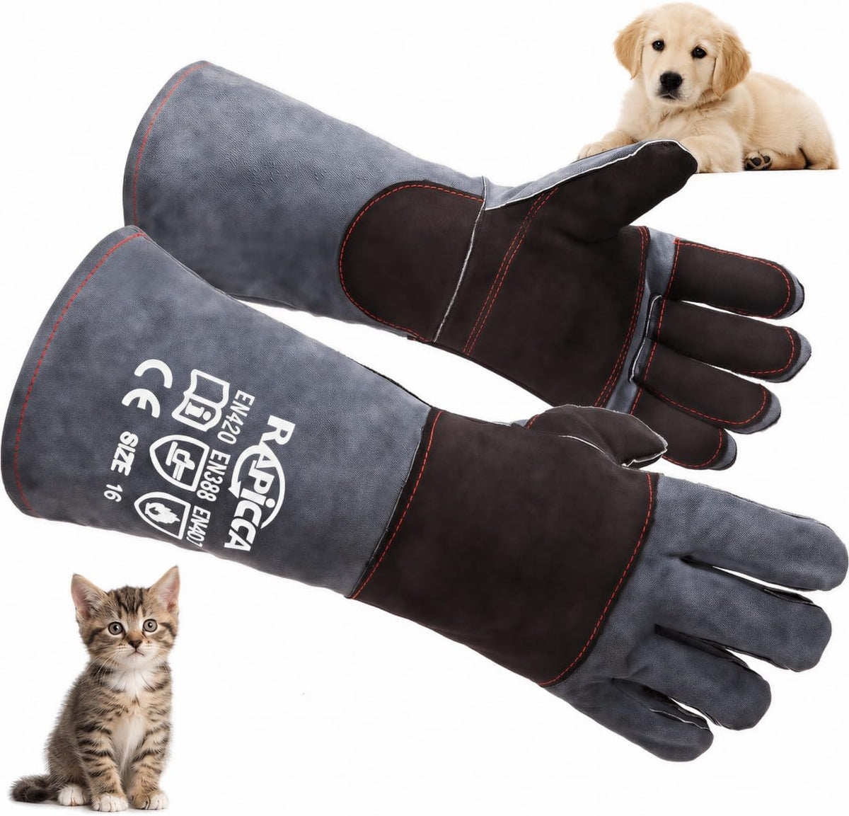 RAPICCA Animal Handling Gloves, Bite Proof Double Leather - 2 Count (Pack of 1) / 16 Inches