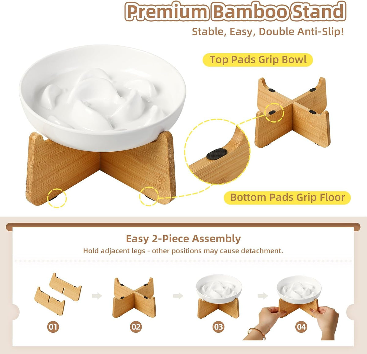 Melamine Slow Feeder Cat Bowls, Dishwasher Safe - Green + Bamboo Base / 7"H - image 4