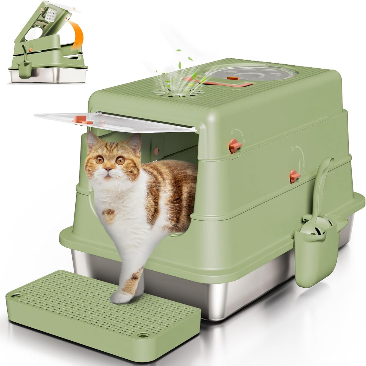 Stainless Steel Cat Litter Box with Lid, XL Large Enclosed - Green