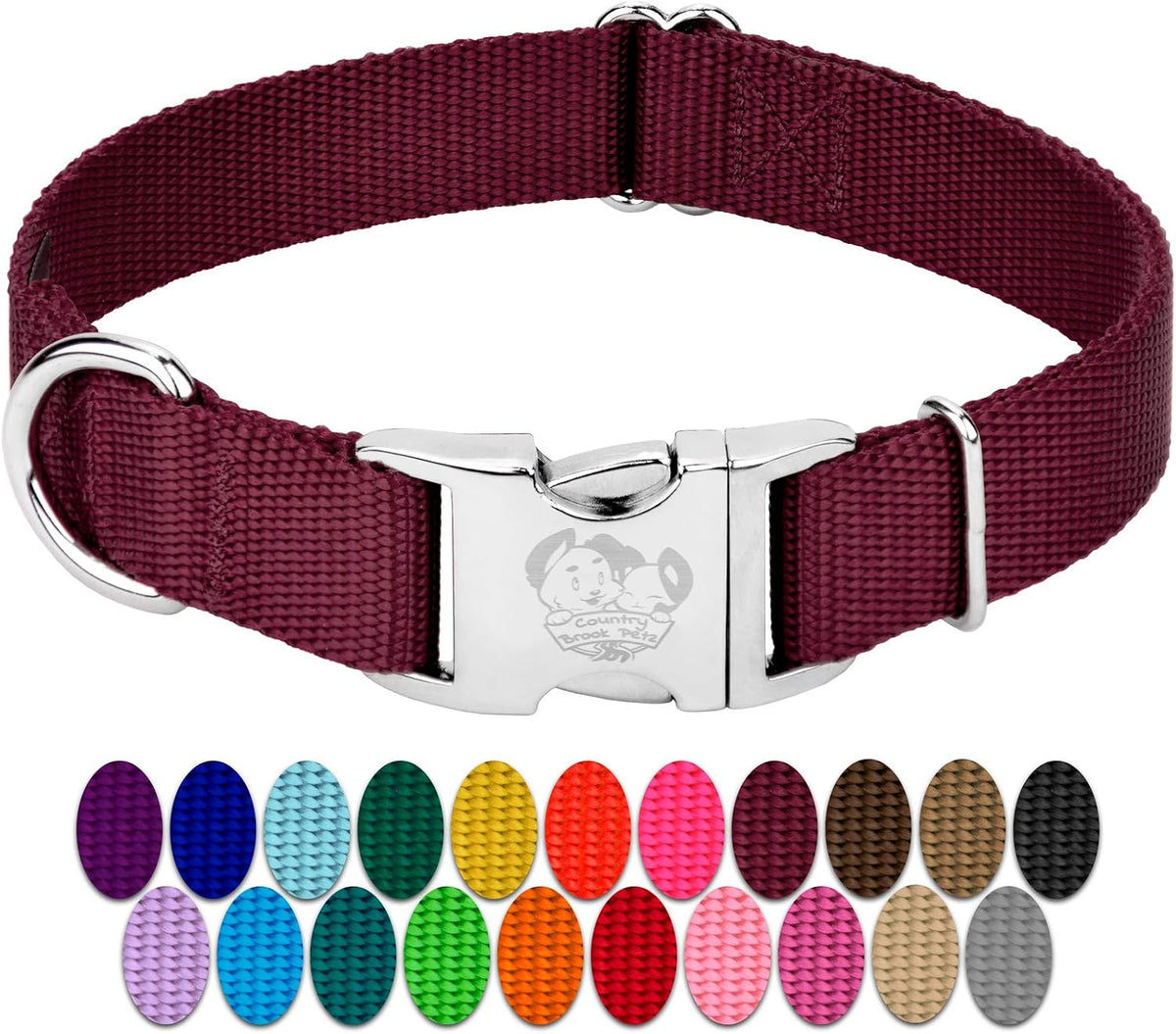 Country Brook Petz - Premium Nylon Dog Collar with Metal Buckle for Small Medium Large Breeds - 30+ - Small (Pack of 1) / Burgundy