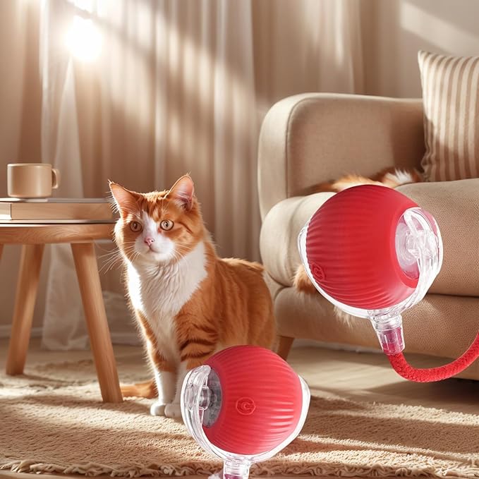 Electric Cat Toy - Automatic Rolling cat Toy with Motion sensors, Designed for Indoor Cats, Suitable for Solo Play (USB Rechargeable) (Red)