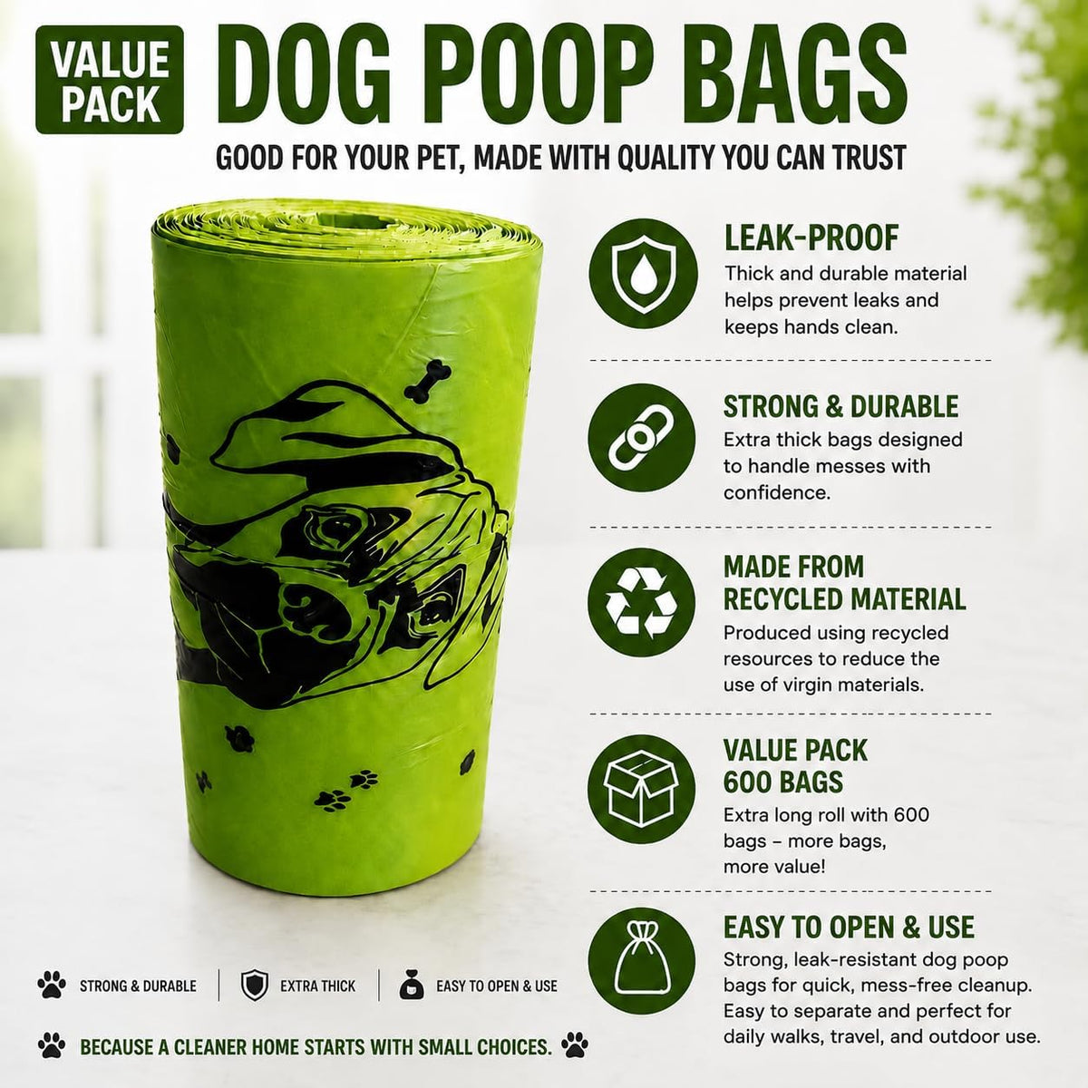 Doggy Poop Bags with Dispenser Dog Waste Pickup Bags Refill Rolls Cat - Green (1 Roll Unscented) - image 3