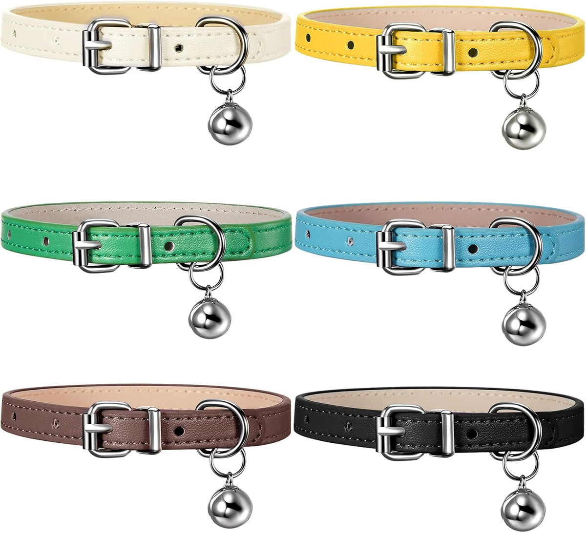 Weewooday 6Pcs Leather Cat Collar with Bell for Small Kitten - Fresh Color