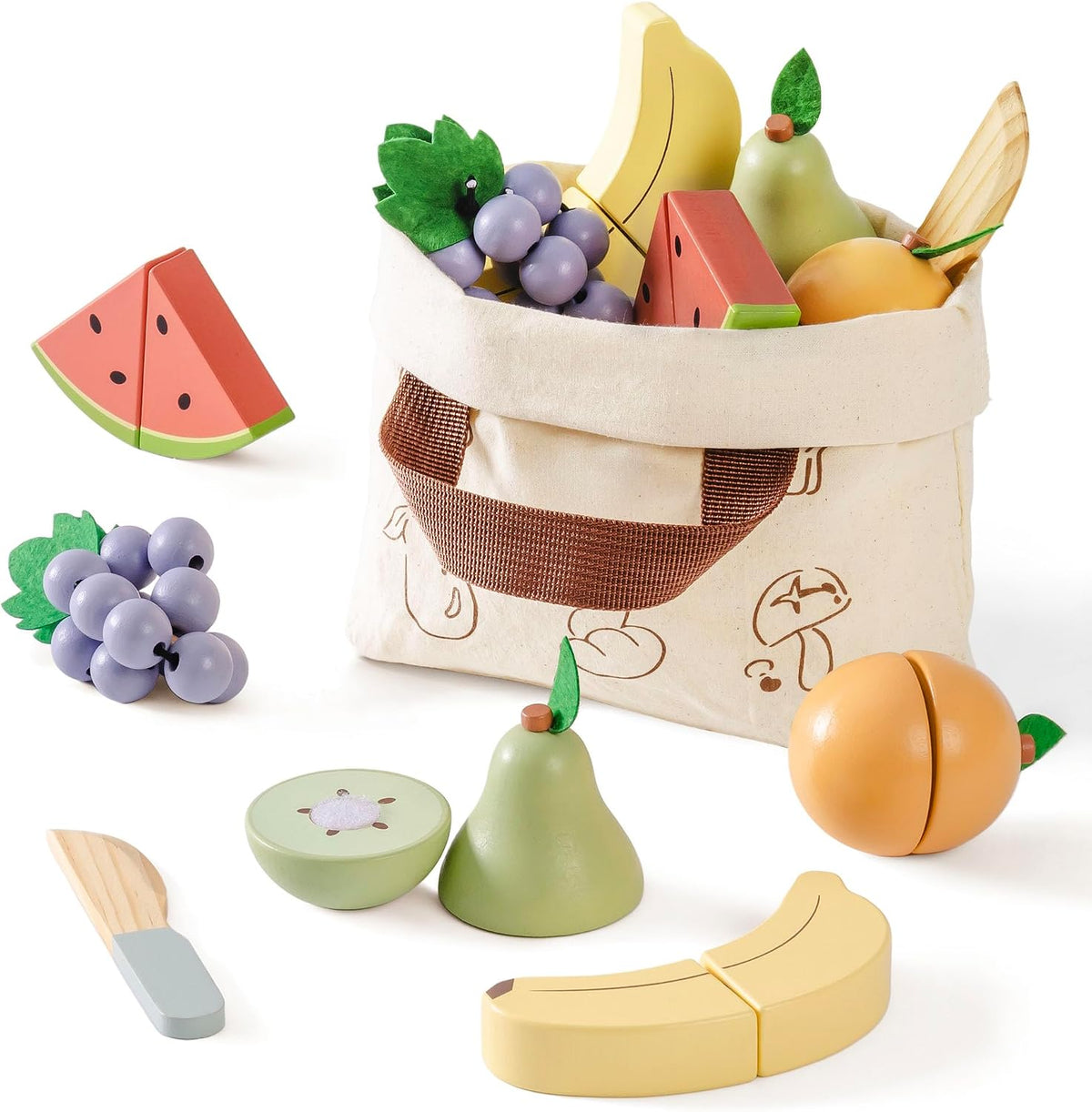 ROBOTIME wooden play food cutting fruit set with storage shopping bag - view 5
