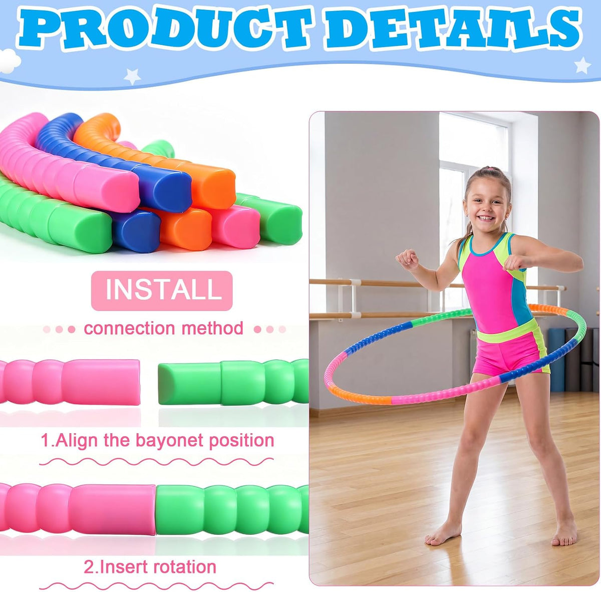 Vinsot snap together plastic hoops for kids in multicolor detachable sections - view 9