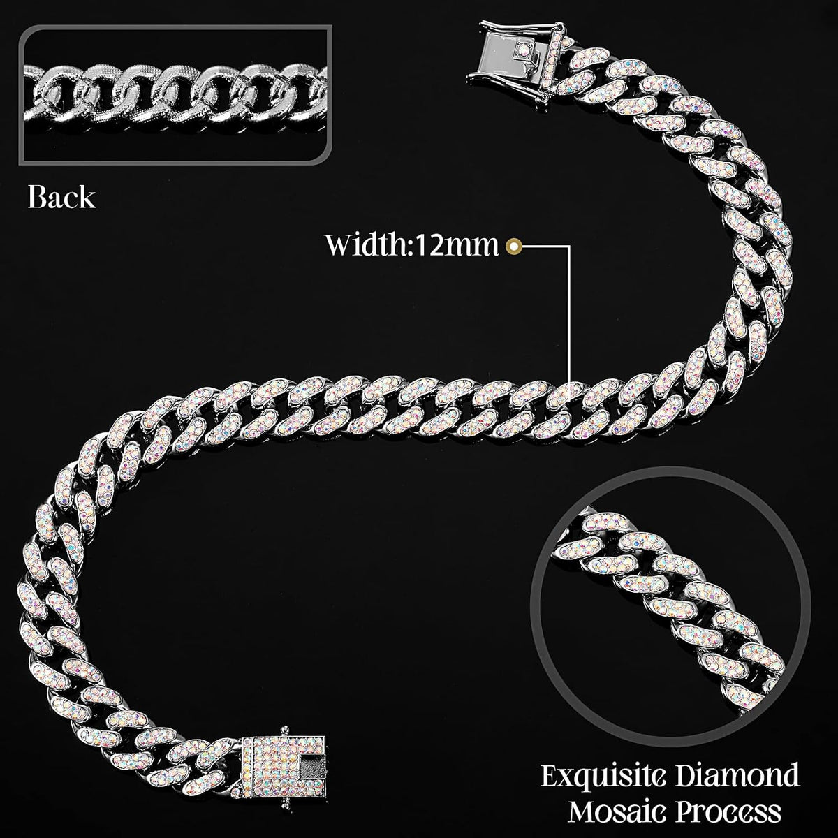 LEIFIDE Cuban Link Dog Collar Chain 12mm, Rose Gold, Pink - 12 Inches / Silver, AB Color - image 2