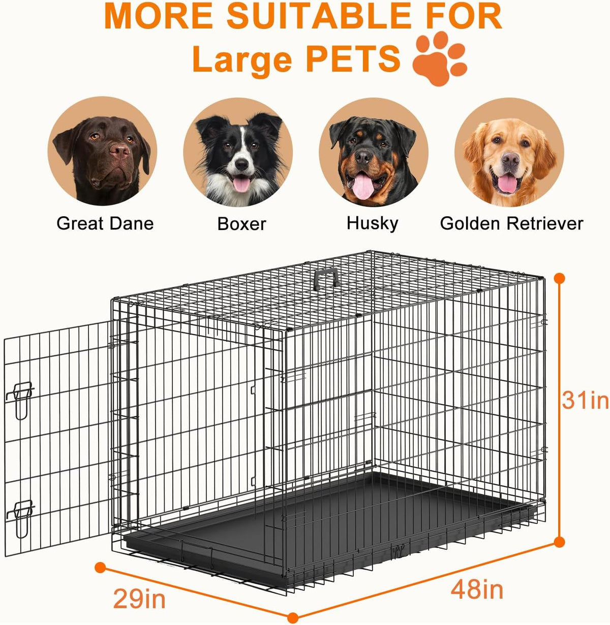 FDW, 48" Foldable Metal Dog Crate, Cage for XL Dogs - Black / 48 Inch Single Door - image 3