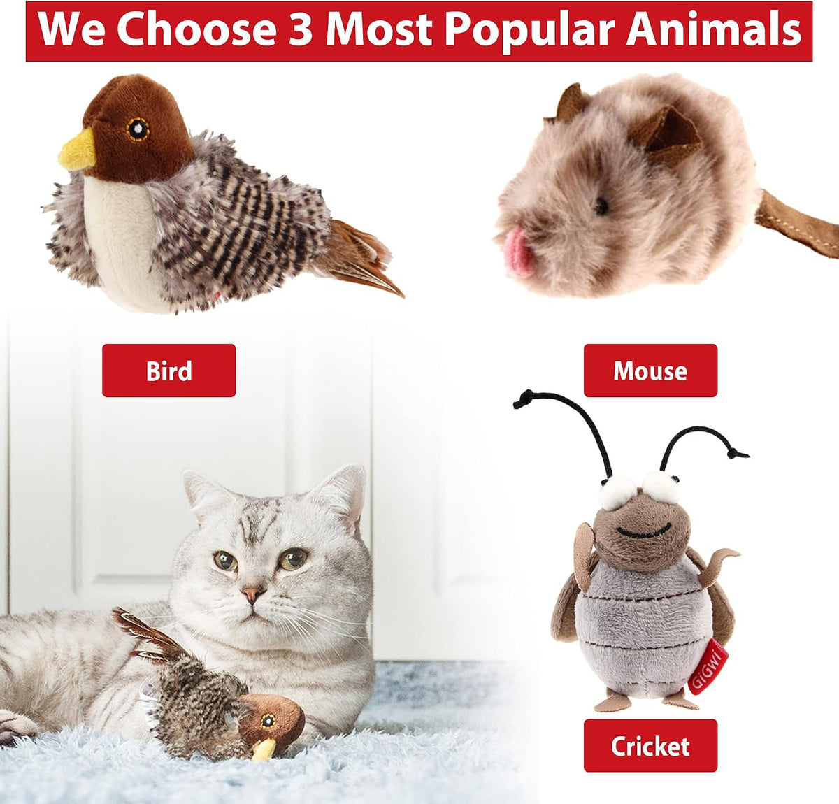GiGwi Interactive Cat Toys Squeaky - Bird+Mouse+Cricket - image 2