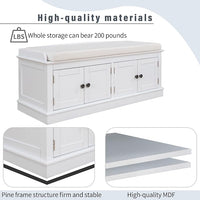 Storage Bench with 4 Doors and Adjustable Shelves, Shoe Bench with Removable Cushion for Living Room, Entryway 42.7" L x 16" W x 17.4" H (White)