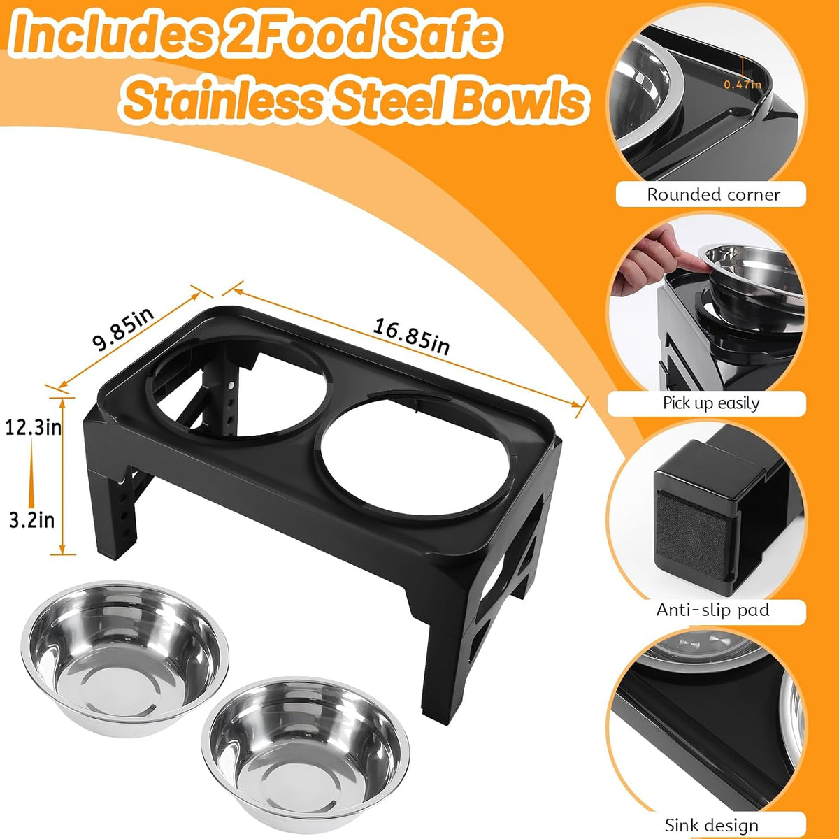 Hubulk Elevated Dog Bowls with 2 Stainless Steel Dog Food & Water - M (8" for M/L Dogs) / Black - image 4