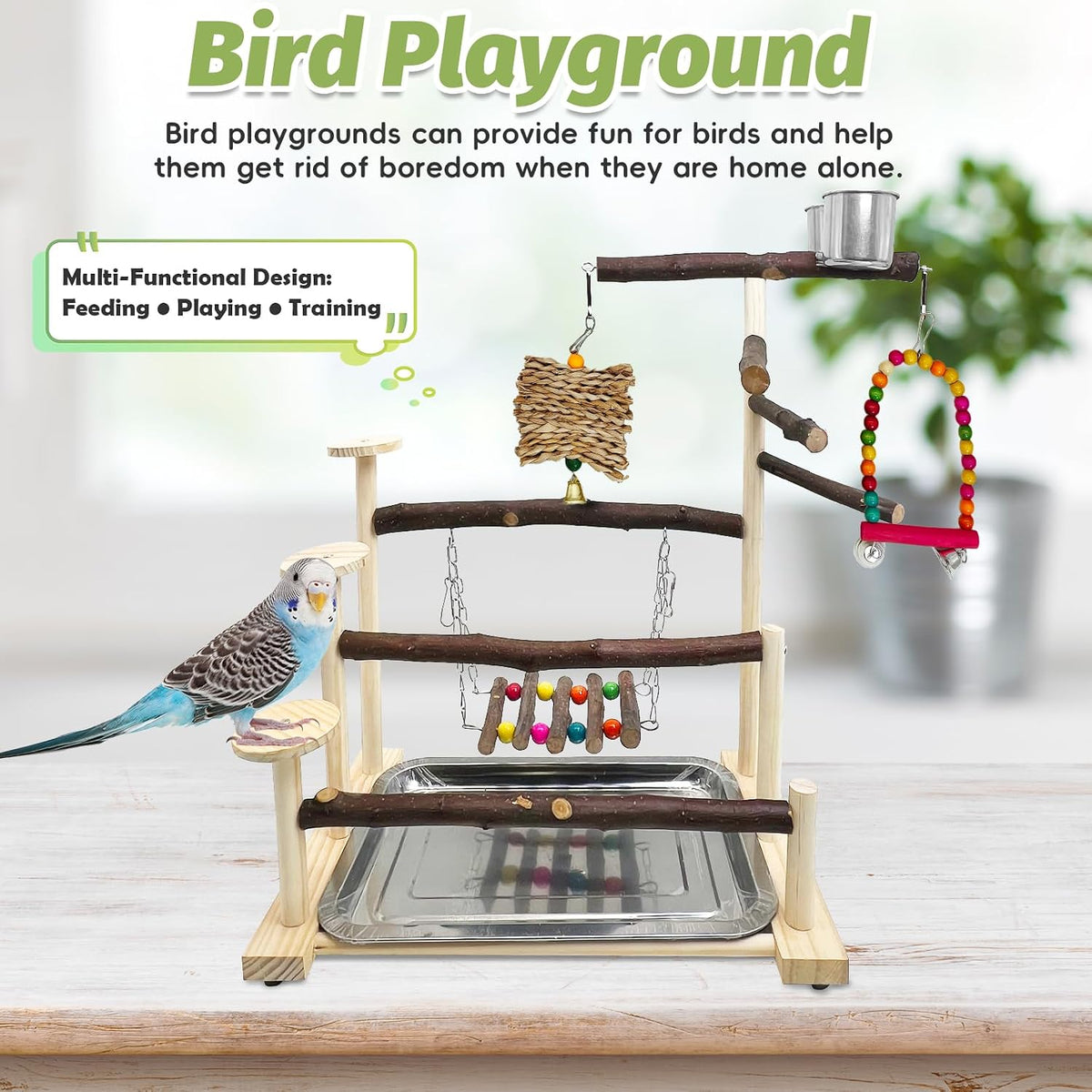 PINVNBY Bird Playground Parrot Playstand Birds Play Stand Wood - Three Floors With Chew Toys - image 3
