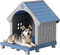 Dog House Outdoor, Plastic Small Dog House-Weatherproof Design with Air Vents & Elevated Floor - Blue / 32.95" L x 31.5" W x 37.88" H