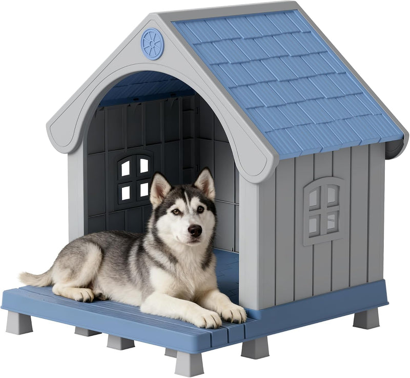 Dog House Outdoor, Plastic Small Dog House-Weatherproof Design with Air Vents & Elevated Floor - Blue / 32.95" L x 31.5" W x 37.88" H