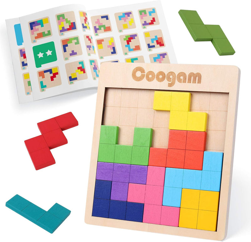 Coogam Wooden Puzzle Pattern Blocks Brain Teasers Game with 60