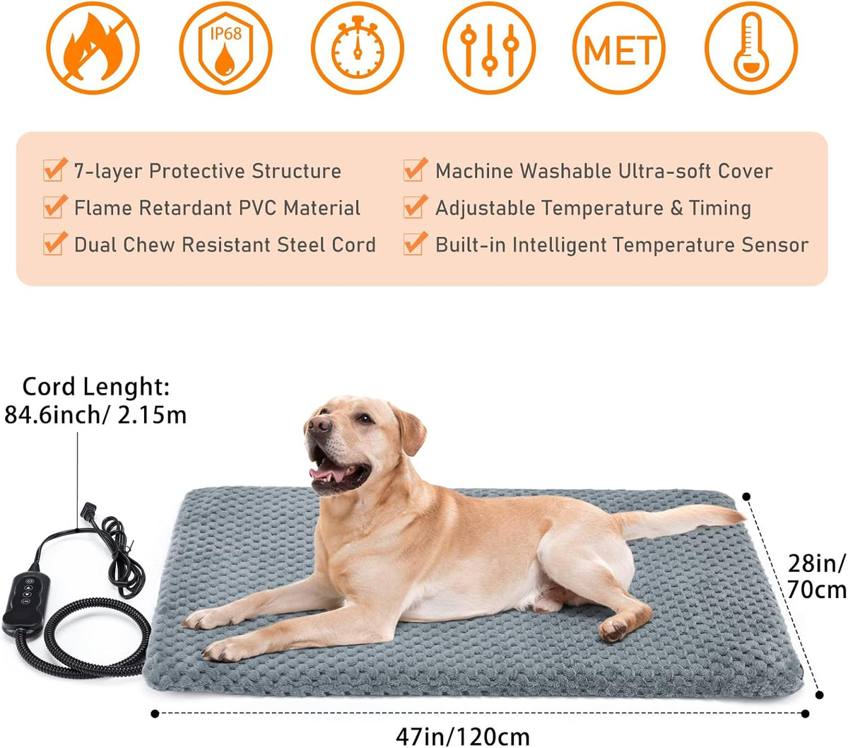 Heated Dog Bed, Waterproof Adjustable Temperature Dog Cat Heating Pad with Timer, Indoor Pet - XL: 47" x 28" / Grey - image 4
