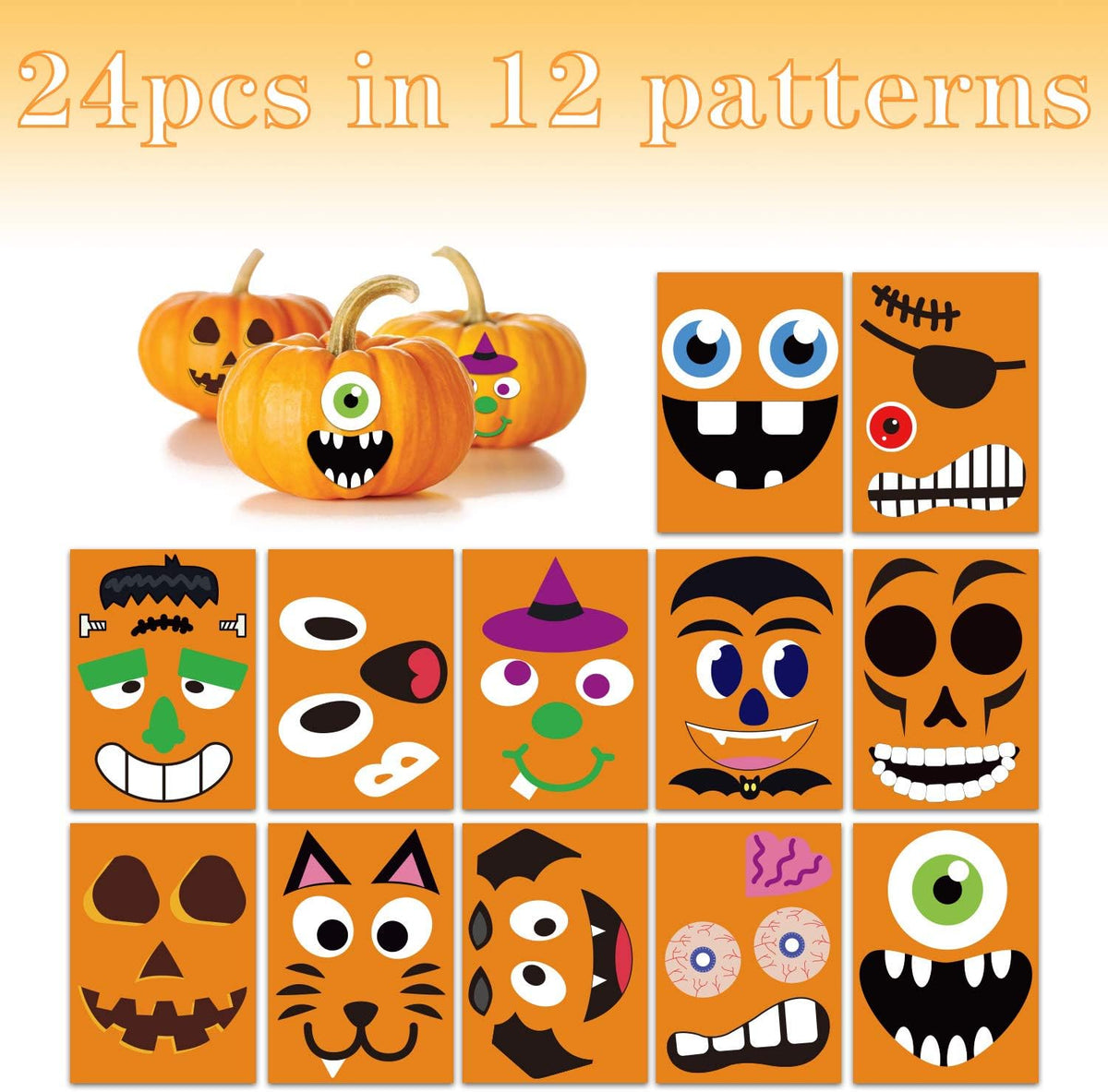 Pumpkin Decorating Kit, 24 Sheets Halloween Pumpkin Stickers Decorations – Fun for Kids & Family - Halloween Pumpkin - image 2