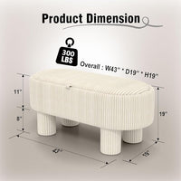Corduroy Storage Ottoman Bench, 43" Upholstered Oval Footrest with Hidden Storage, Modern Design with Solid Wood Legs for Bedroom, Living Room, and Entryway Furniture, White