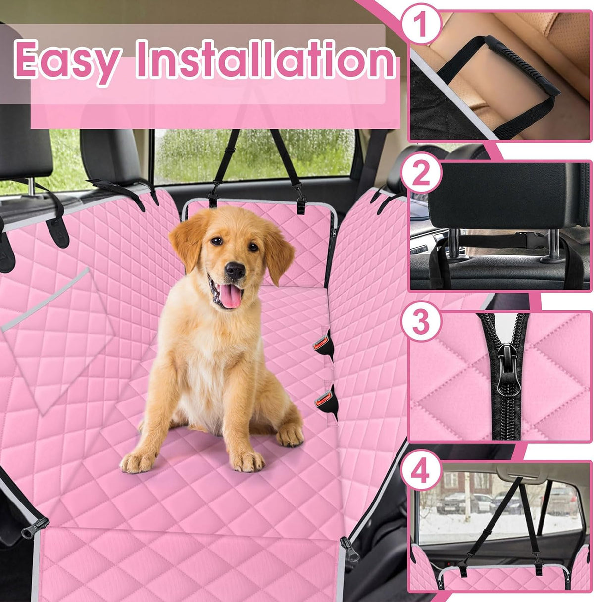 Waterproof Dog Car Seat Cover for Back Seat, Pet Hammock, L - Pink,Grey / Small,Standard - image 3