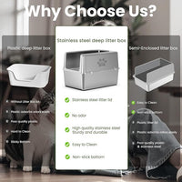 Enclosed Stainless Steel Cat Litter Box with Lid, XL Metal Litter Box for Big Cats, Extra Large Cat Toilet with High Side, Non-Stick, Anti-Leakage, Odorless, with Cats Litter Mat & Litter Scoop