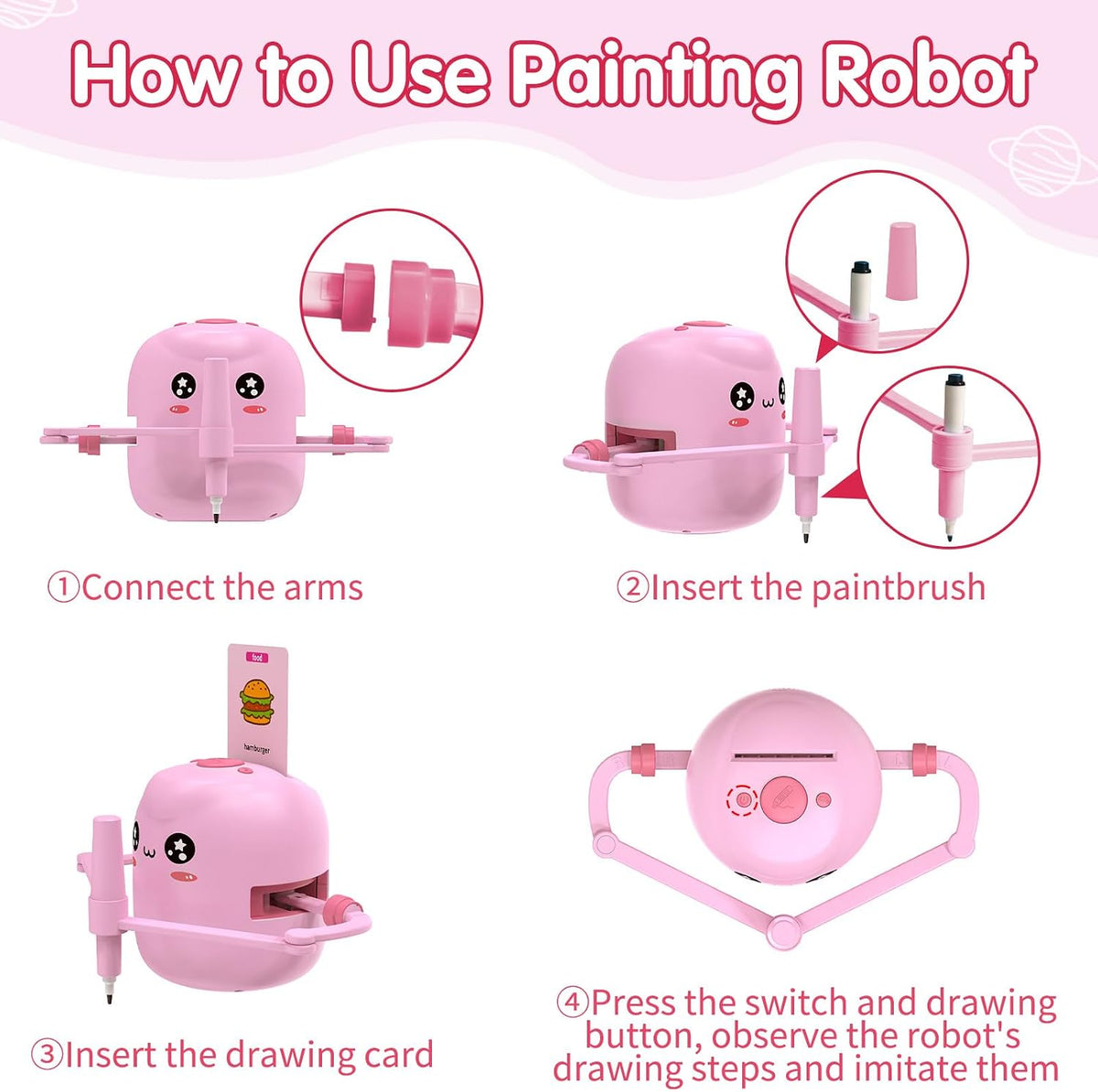 ERYMCS pink drawing robot for kids with picture cards and pens - view 5