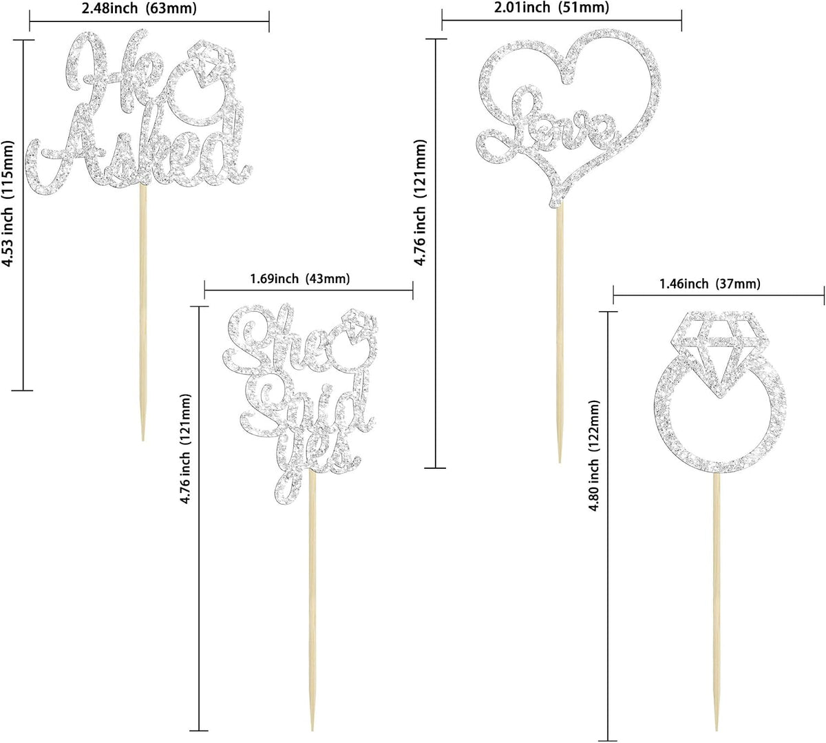 Gyufise He Asked She Said Yes Cupcake Toppers Gold Glitter Diamond - Silver - image 2
