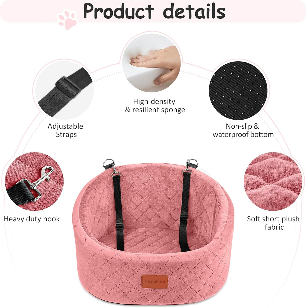 Lealchum Dog Car Seat for Small Dogs Up to 30 Lbs with 2 Safety Dog - Pink / Small - image 3