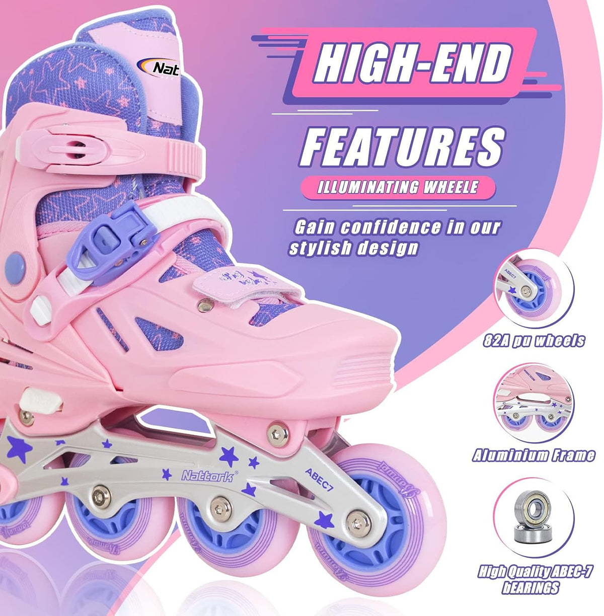 Nattork adjustable inline skates for kids with light-up wheels and checkerboard upper - view 20