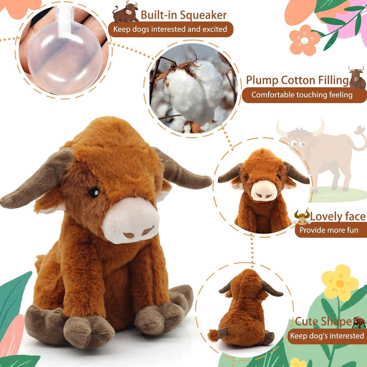 Tug of War Dog Toy, Squeaky Dog Toys Interactive Duck Puppy Toys – Essentials for Dogs - Brown Cow - image 4