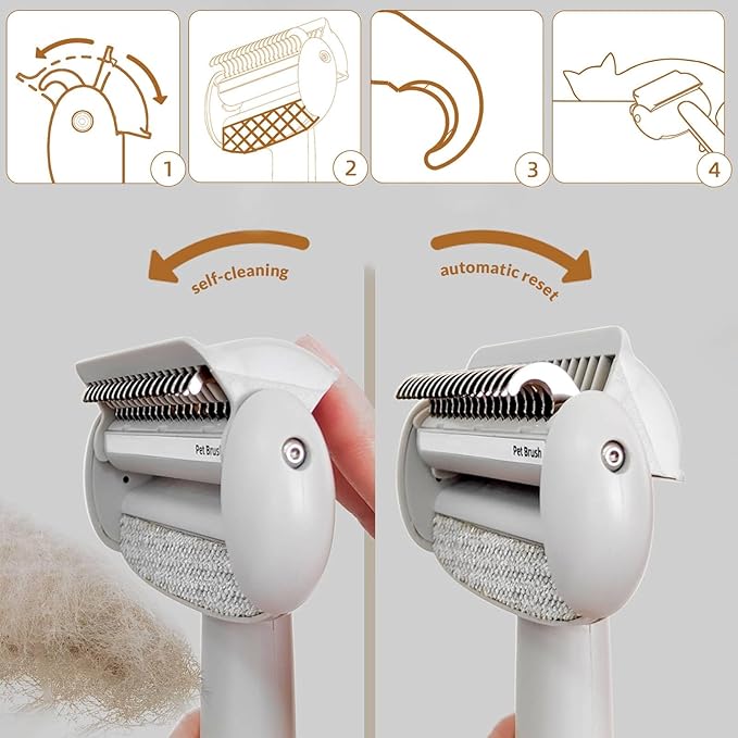 Self Cleaning Grooming Brush for Shedding Pets Rake Gently Removes Loose Undercoat Mats Tangled (Pink)