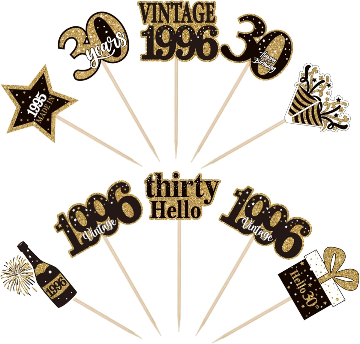 36PCS Happy 80th Birthday Cupcake Toppers Double Sided Black Gold - Vintage / 30th - image 3