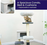 Catry Kasio 6 Level 54" High Modern Cat Tree with Laminated Wood Condo,Replaceable Scratching Posts,Removeable Washable Beds, Self Grooming Brush and Toys.(Light Gray)