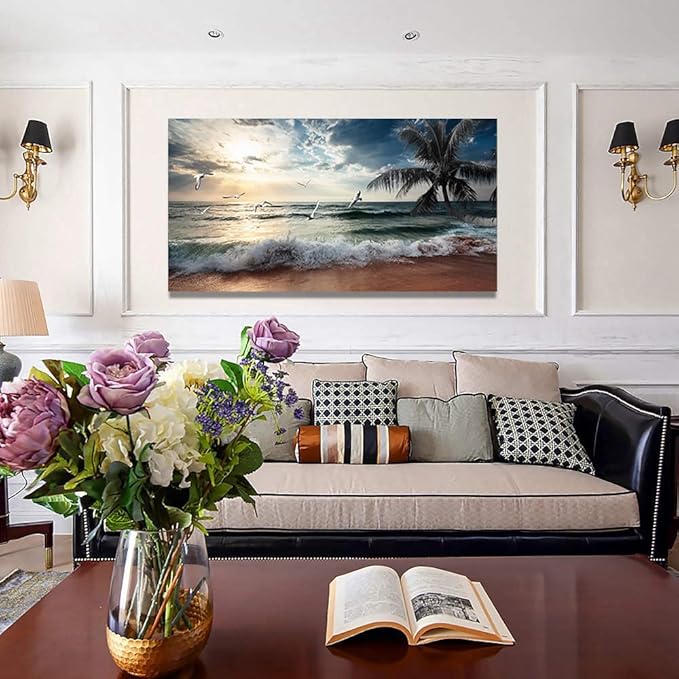 Yxbhhym Large Canvas Wall Art Beach Ocean Prints Art Coast Sunset Sea Paintings Poster Scenery Picture Palm Artwork for Wall Art Living Room Bedroom Office Decorations Framed-30x60inches