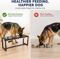 Elevated Dog Bowls, Metal Raised Dog Bowl Stand with 2 Thick 58oz Stainless Steel Food Bowls - Black-111oz x 3 / Height: 8.8-14" - image 3
