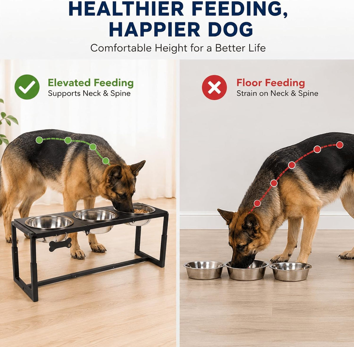 Elevated Dog Bowls, Metal Raised Dog Bowl Stand with 2 Thick 58oz Stainless Steel Food Bowls - Black-111oz x 3 / Height: 8.8-14" - image 3